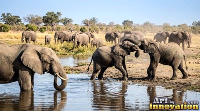 Curved white tusks gleam on elephants wrestling at a muddy African waterhole