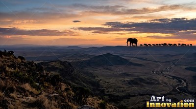 A line of dark elephants walks along a high ridge under an orange sunset sky
