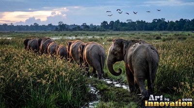 Walking in a line, gray elephants move along a muddy trail through tall marsh grass
