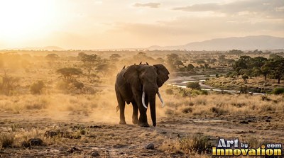 An elephant moves forward on a dry savanna in dusty sunset light
