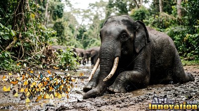 An elephant rests in wet mud, facing a flock of bright yellow butterflies