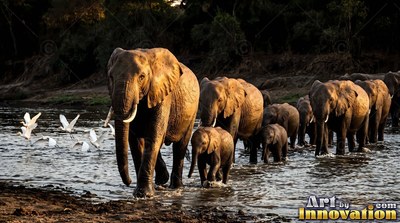 Walking forward through a river, brown elephants cross into the sun