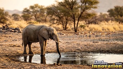 In a dry savanna, a lone elephant drinks from a small waterhole near gazelles