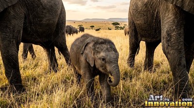 Baby elephant walking in dry yellow grass between adults