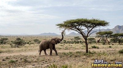 In the dry savanna, an elephant raises its trunk to reach an acacia tree branch