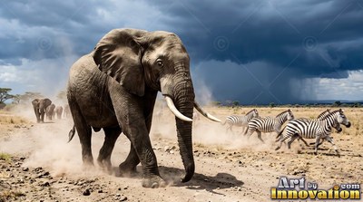 An elephant walking on a dusty trail near running zebras under dark storm clouds