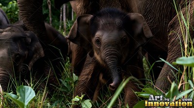 A baby elephant strolls forward through green grass in soft natural shadow