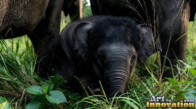 Crouching low in green grass, a dark baby elephant looks ahead between adult legs