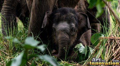 A baby elephant peeks out from tall green grass between its mother's legs