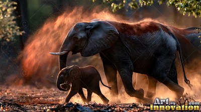 In sunny woods, an elephant throws red dust over its back beside a small calf