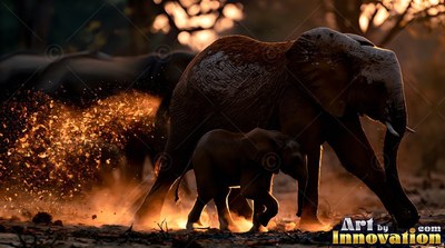 Walking through dusty orange light, an elephant and calf kick up dirt together