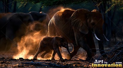 Elephants walk through warm brown dust under low trees