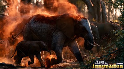 Red dust flies off an elephant running beside its calf in the late sun