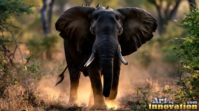 An African elephant treads forward, kicking up yellow dust in warm afternoon sunlight