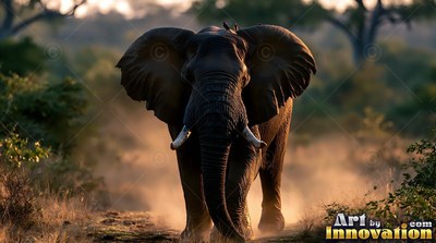 Facing forward, an African elephant steps down a dusty path at sunset