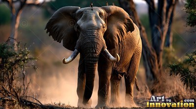 A large elephant treads forward through warm dust in dry woodland with ears spread wide