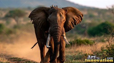 On a dusty savanna, an African elephant walks forward with wide ears spread