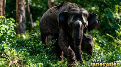 Walking through green jungle foliage, a dark gray elephant leads its small calf