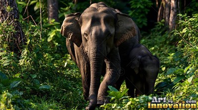 Two Asian elephants walk through a dense green forest