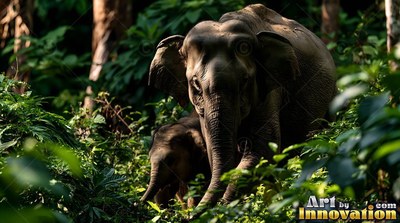 Sunlit gray skin wraps an Asian elephant and calf stepping through dense green jungle foliage