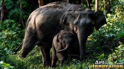 Two Asian elephants walk through dense green jungle foliage in bright sunlight