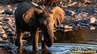 Wading forward into dark water, an elephant drinks in warm sunlight