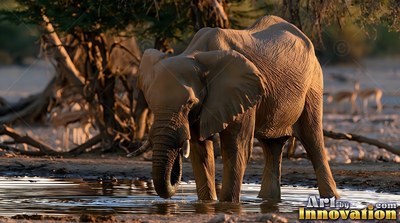 A dusty elephant drinks from a dark waterhole in the warm evening light