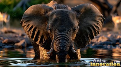 In a dark waterhole, an African elephant stands with ears spread wide in the sunset