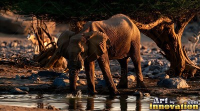 Drinking at a shallow pool, an elephant stands in warm sunlight under a tree