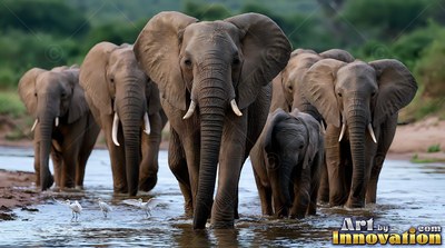 A herd of African elephants wading forward through a river