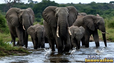 Wide ears spread out, a herd of gray elephants wades through shallow water by green trees