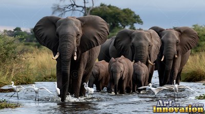 A herd of elephants w ades through river water flanked by white birds under cloudy gray daylight