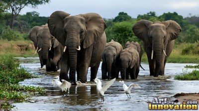 Wading forward through a shallow river, a herd of elephants walks past white birds