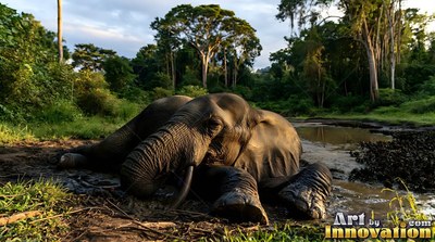 Short white tusks rest in wet mud as an elephant lies beside a forest watering hole