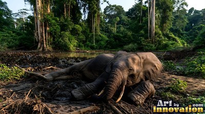 An elephant rests on the muddy ground as morning sunlight catches its gray skin