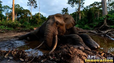 Lying down in a muddy rainforest pool, an elephant rests by trees