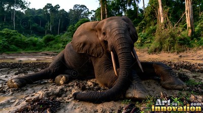 A dark elephant lies resting in the wet mud before a green tropical forest