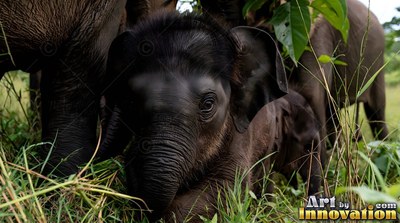 In tall green grass, a hairy baby elephant peeks out between adult legs