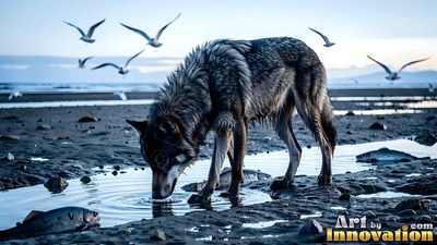 Drinking from a tidal pool, a wet wolf stands on a sandy beach near seagulls
