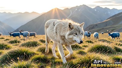White wolf moves across a sunny mountain meadow near wild sheep