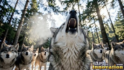 Open jaws show pink gums as a gray wolf howls with its pack in a snowy pine forest