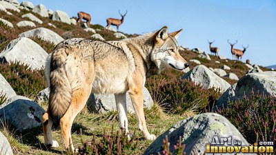 Standing sideways, a wolf looks over a rocky hillside near deer