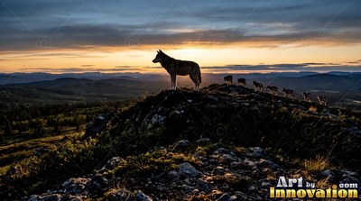 A wolf stands on a rocky hill at sunset with its pack behind it