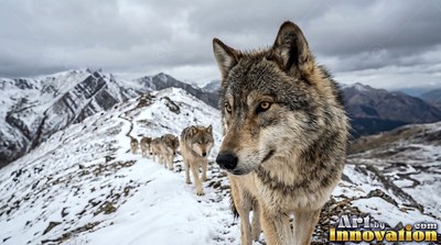 A gray wolf leads a pack along a snowy mountain ridge