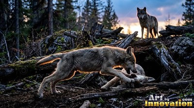 With back fur lit by sunset, a gray wolf lunges over another in a fallen timber den