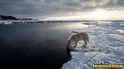 A white wolf drinks from dark arctic water under pale morning sunlight