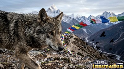 A dark gray wolf moves on a rocky trail with colorful prayer flags and snowy peaks behind it