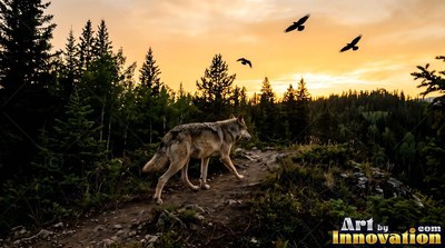 Walking along a dirt ridge, a gray wolf steps past pines under an orange dusk sky