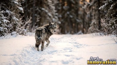 A gray wolf walks along a snowy path and looks back