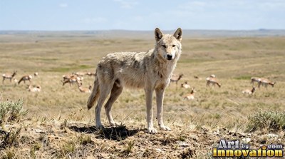 Pale gray fur covers a wolf standing on a dry ridge over prairie grass